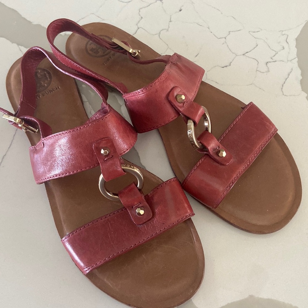 Tory Burch Red Leather Slingback Sandals with Gold Hardware